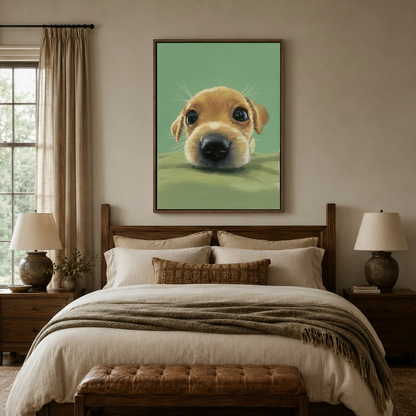 Adorable dog oil painting canvas print above bed in neutral bedroom decor