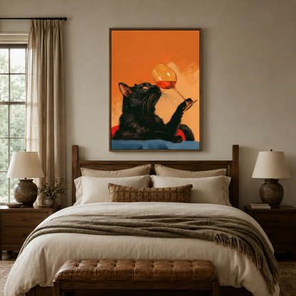 Moody black cat wine art print above bed in warm walnut-toned bedroom interior