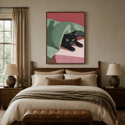 Black cat hiding under green blanket painting framed canvas above walnut bed headboard