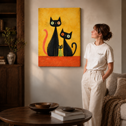 Gallery wrapped black cat canvas wall art displayed above a round table beside a woman.