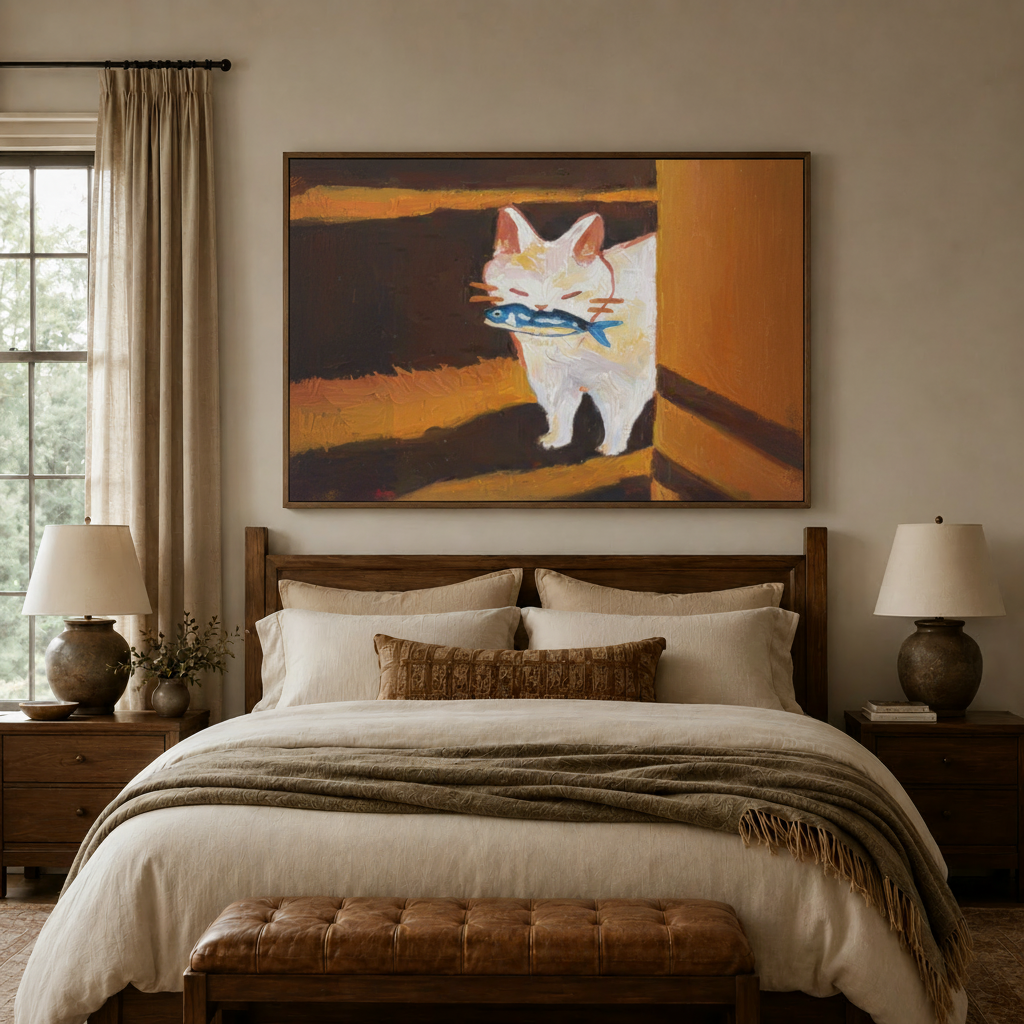 White cat carrying a blue fish canvas styled as playful bedroom decor