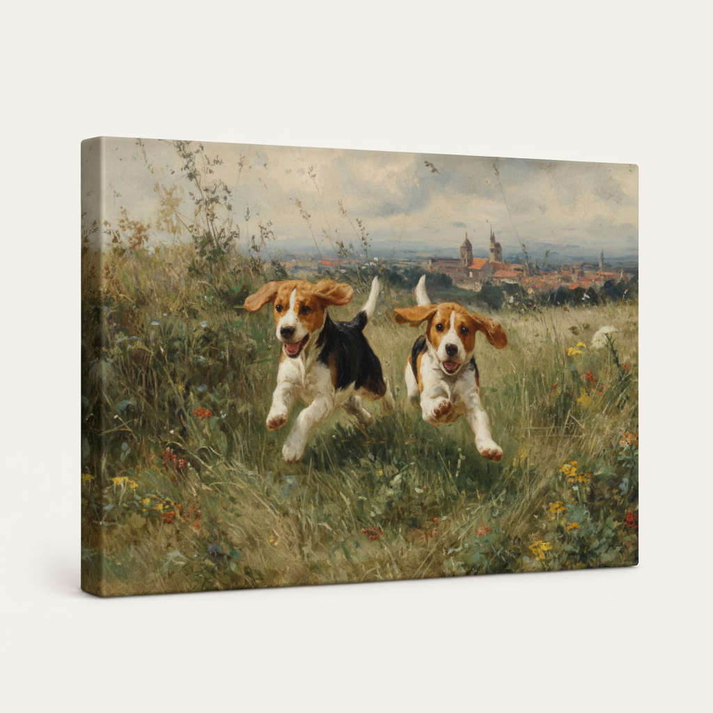 Gallery wrapped beagle meadow canvas side view showing dark wrap edges and meadow continuation