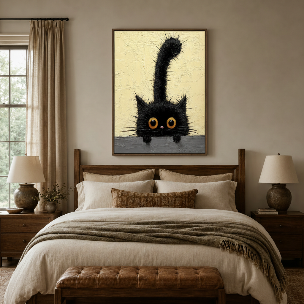 Playful black cat impasto canvas above a rustic wooden bed in a neutral bedroom setting