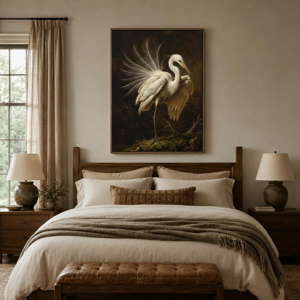 Elegant egret bird canvas centered above a dark wood bed frame in a warm, serene bedroom