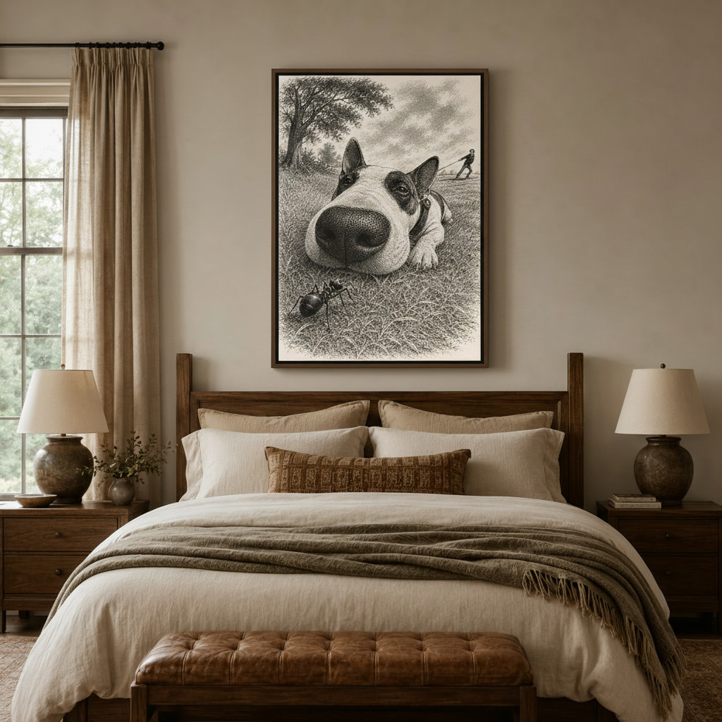 Vintage Bull Terrier canvas print above dark walnut bed in cozy neutral bedroom setting