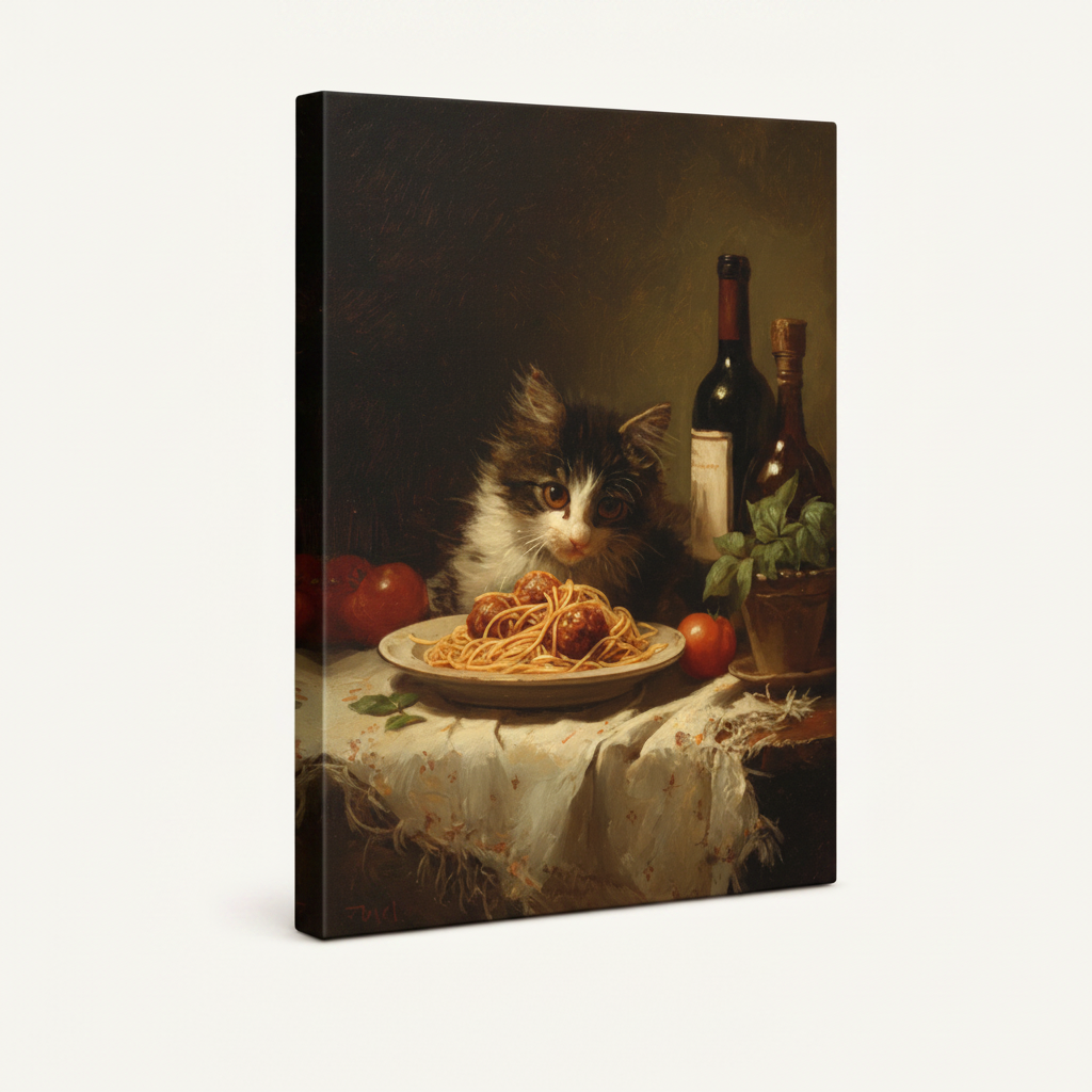 Gallery-wrapped cat spaghetti Dutch still life canvas showing deep dark brown wrap edges, no frame, 3/4 angle
