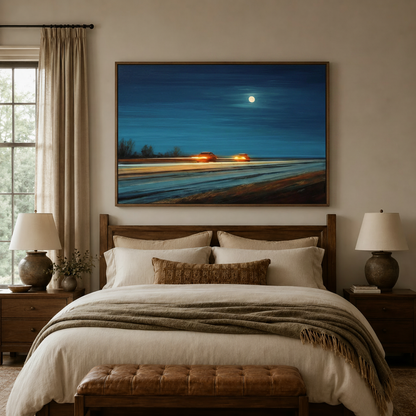 Moody night highway canvas in dark walnut frame above bed in cozy warm-toned bedroom