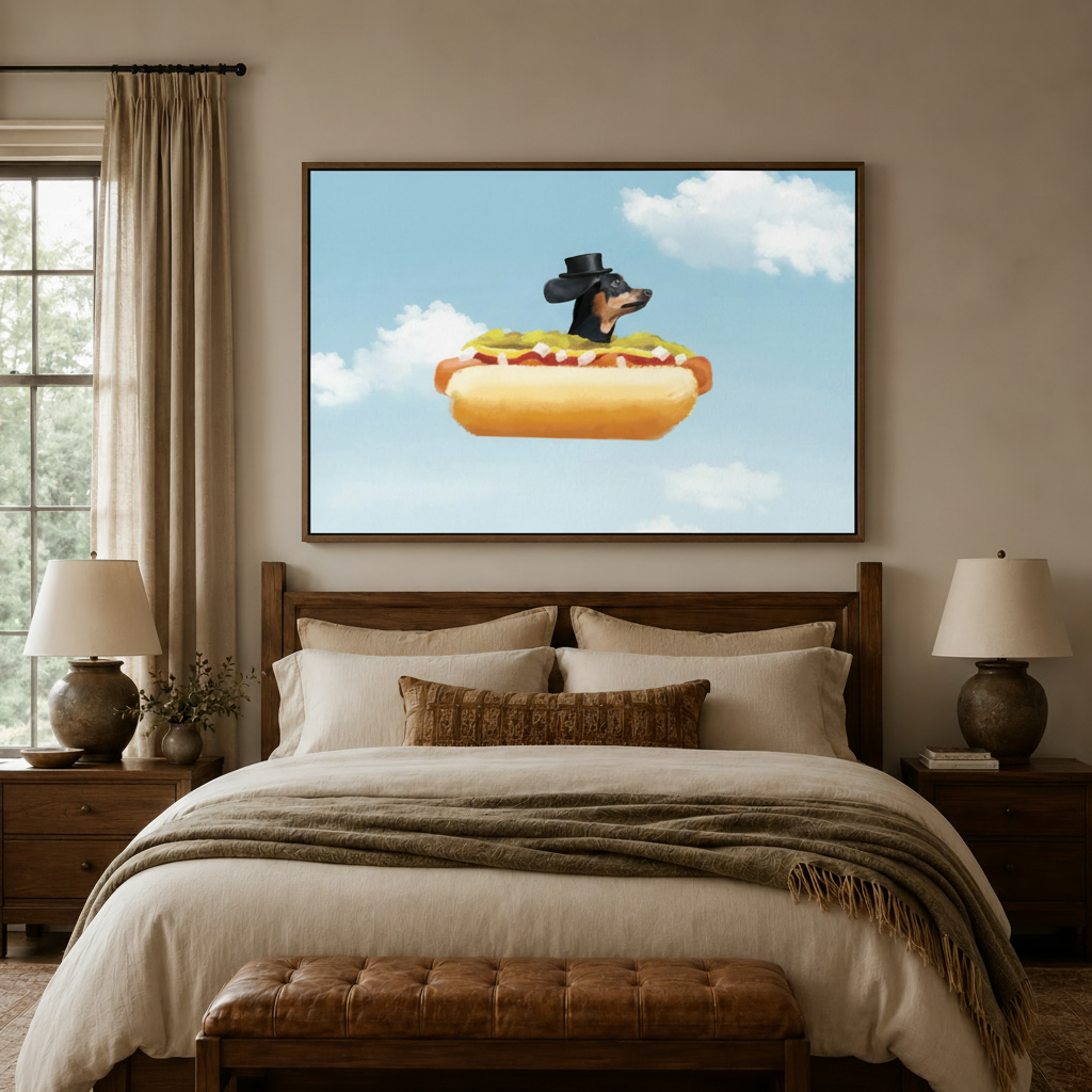 Surrealist funny dog canvas wall art above wooden bed in cozy bedroom with linen bedding and table lamps