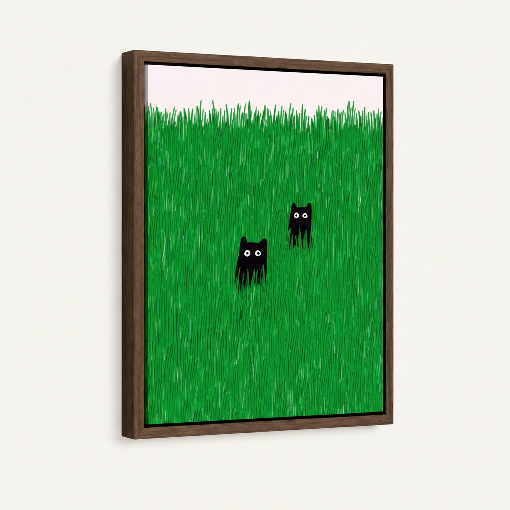  Framed canvas print with dark walnut float frame featuring two black cats hiding in tall grass