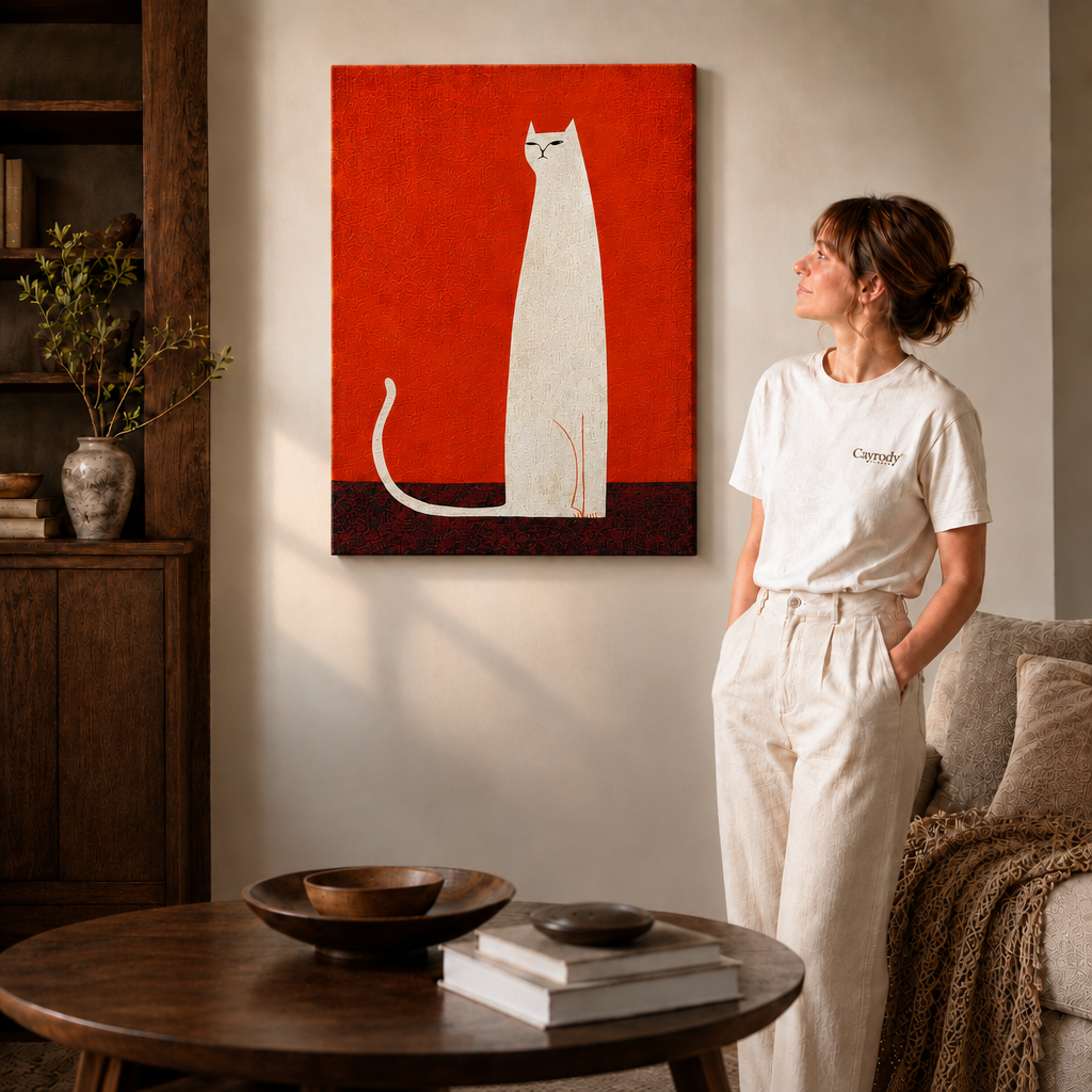 Gallery-wrapped cat canvas, unframed, brings a bold red accent to a warm room with a woman in white.