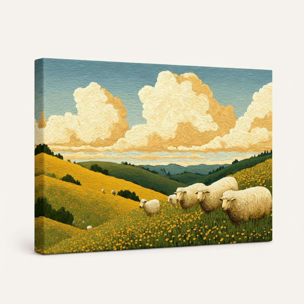 Gallery-wrapped impasto sheep meadow landscape canvas wall art with bold brushstroke texture shown at left-angle