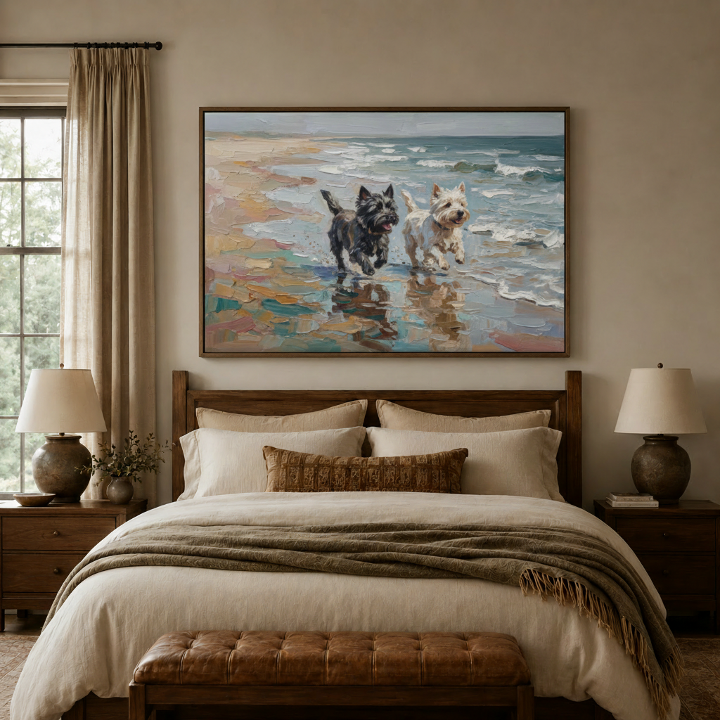 Impasto beach dog painting in float frame above bed in cozy bedroom interior