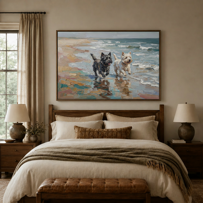 Impasto beach dog painting in float frame above bed in cozy bedroom interior