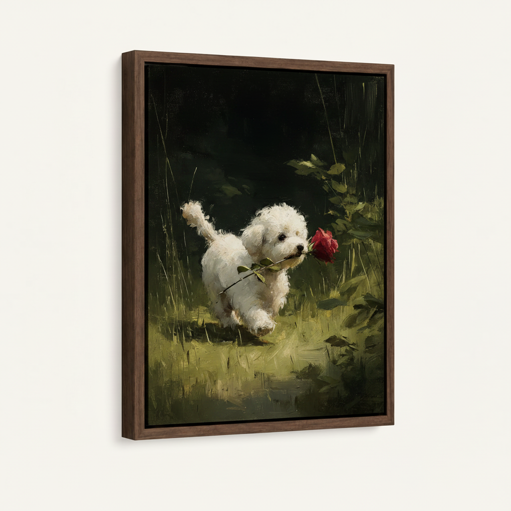 Framed classical Bichon puppy rose garden canvas art dark walnut floating frame angled view