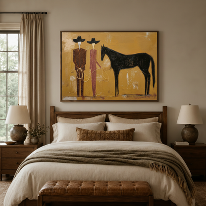 Two cowboys and black horse oil painting canvas art above bed headboard in cozy neutral bedroom