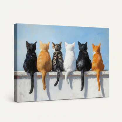 Gallery wrapped six cats canvas side view showing dark wrap edges no frame