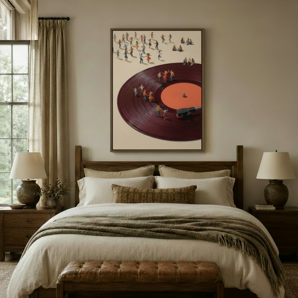 Whimsical music canvas print with tiny dancers hung above upholstered wooden bed in warm earth-tone bedroom