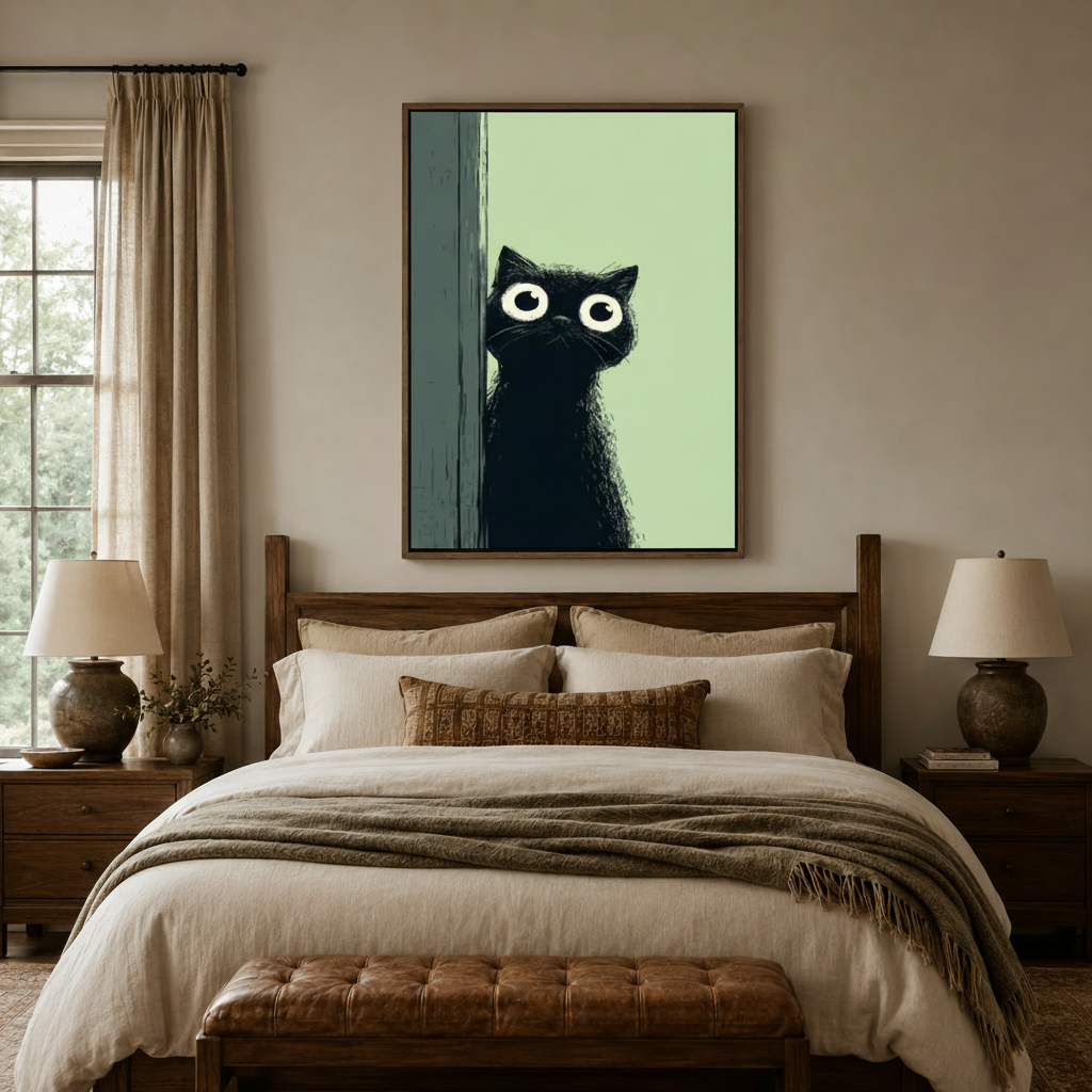 Funny black cat peeking art canvas print in float frame above wooden bed headboard in cozy bedroom