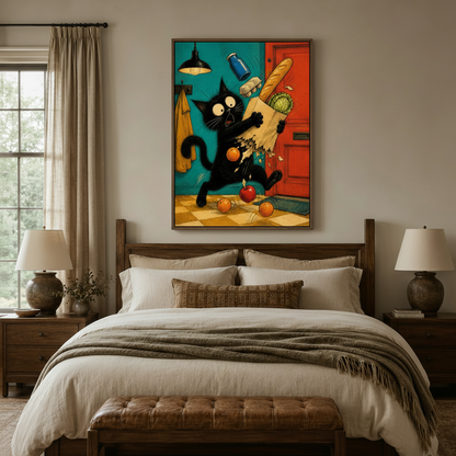 Colorful funny cat canvas wall art above bed in cozy neutral bedroom interior