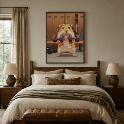 Gym hamster wall art framed canvas print above a rustic wooden headboard in a cozy bedroom
