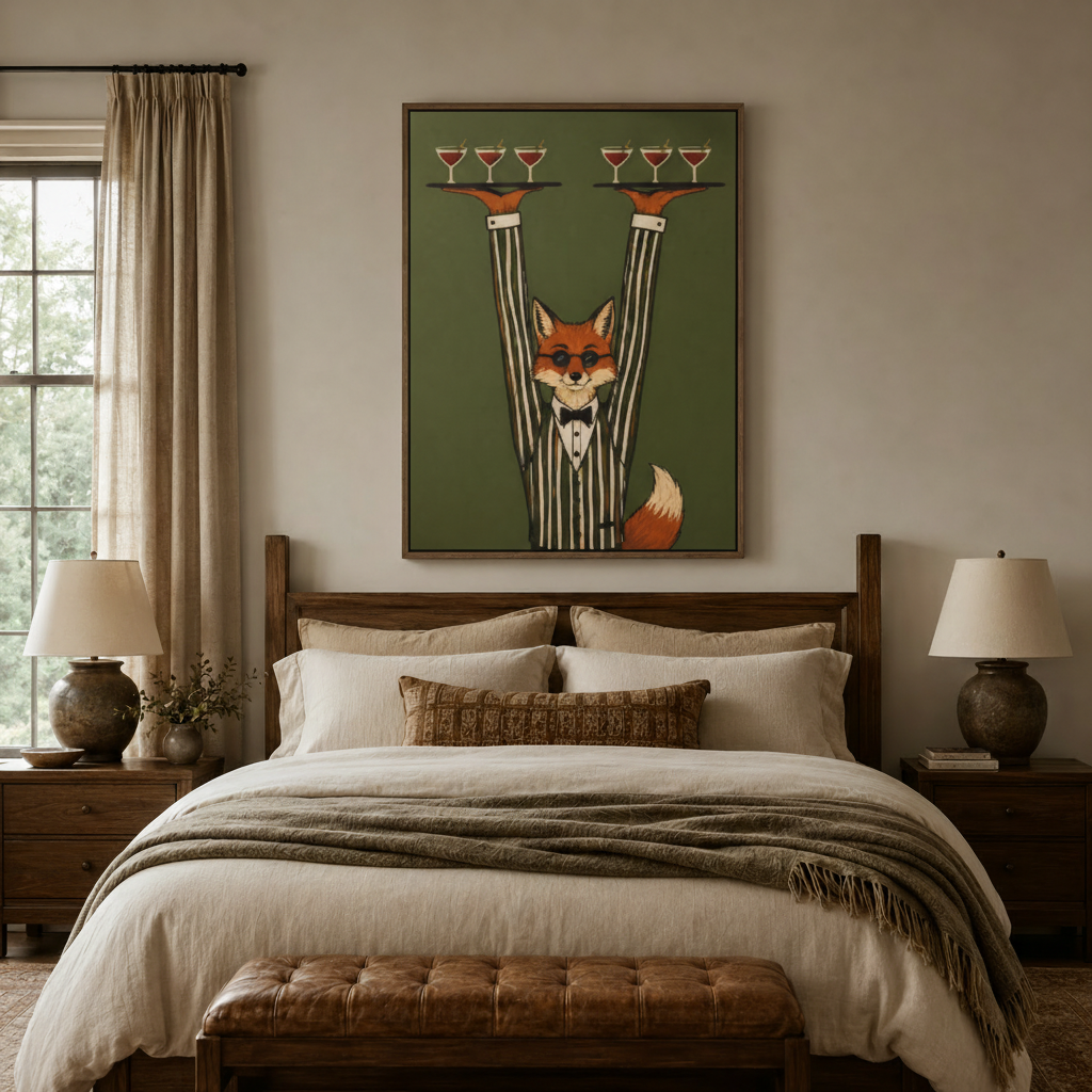 Vintage fox illustration canvas art above wooden bed frame in cozy farmhouse bedroom with linen bedding
