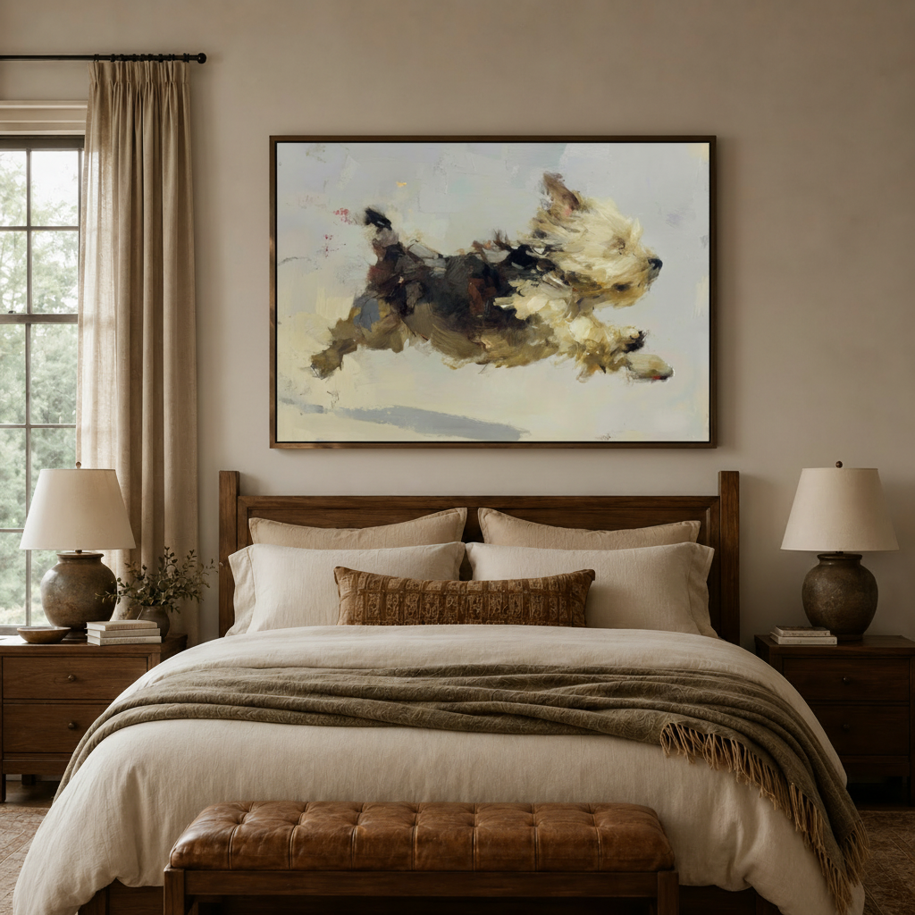 Running dog impressionist canvas print above bed in cozy neutral bedroom with ceramic lamps