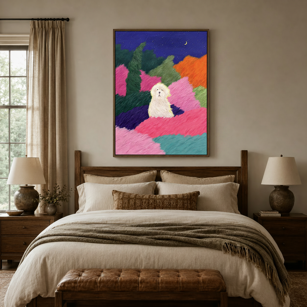 White dog colorful night landscape impasto canvas art in dark walnut frame above linen bed in cozy bedroom