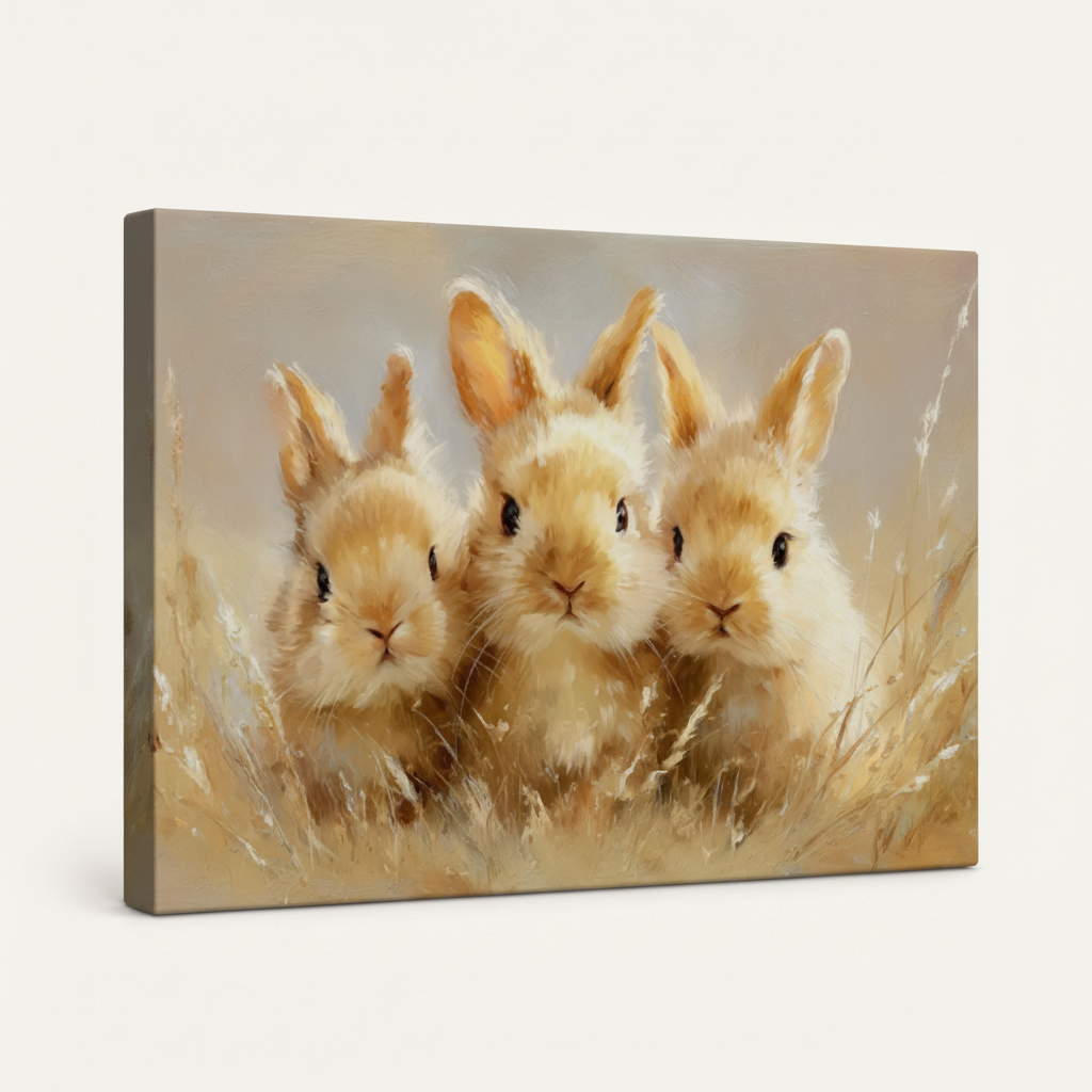 Gallery wrapped baby rabbits meadow realistic canvas side view showing warm golden grass tones wrapping edges