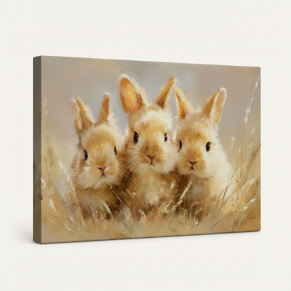 Gallery wrapped baby rabbits meadow realistic canvas side view showing warm golden grass tones wrapping edges