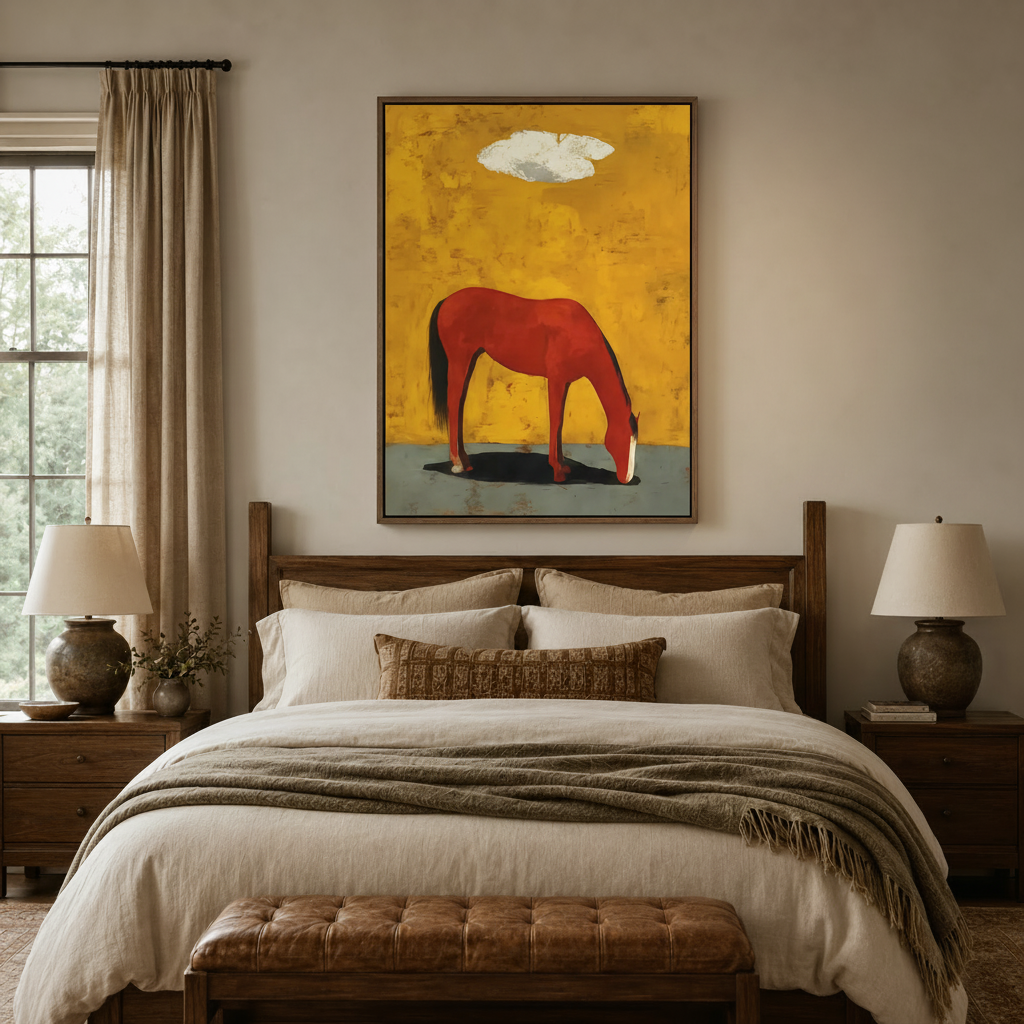 Contemporary horse canvas art in wooden frame above bed in neutral bedroom setting