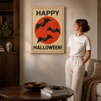 Retro Happy Halloween bat canvas displayed in a softly lit contemporary living room.