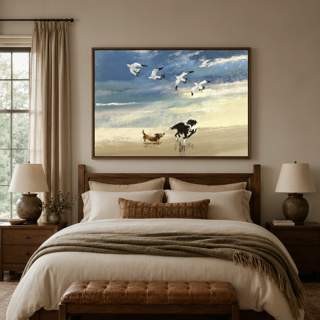 Coastal impressionist canvas print of two dogs and seagulls above dark walnut bed headboard