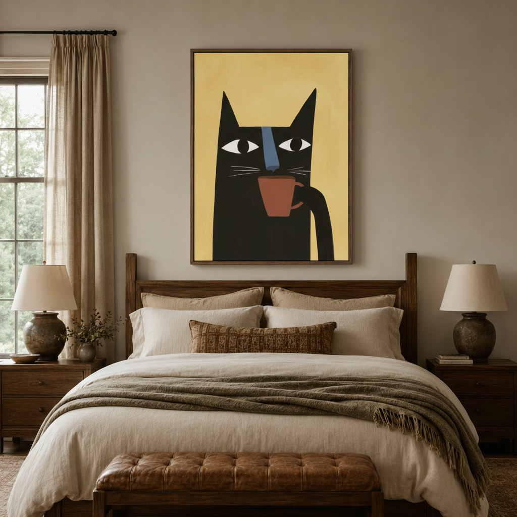 Framed black cat pop art canvas print hanging above a rustic wood bed in a cozy neutral bedroom