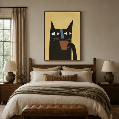 Framed black cat pop art canvas print hanging above a rustic wood bed in a cozy neutral bedroom