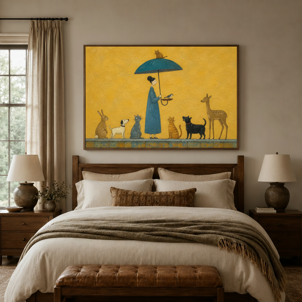 Whimsical umbrella and animal canvas print hanging above a wooden bed in a cozy neutral bedroom.
