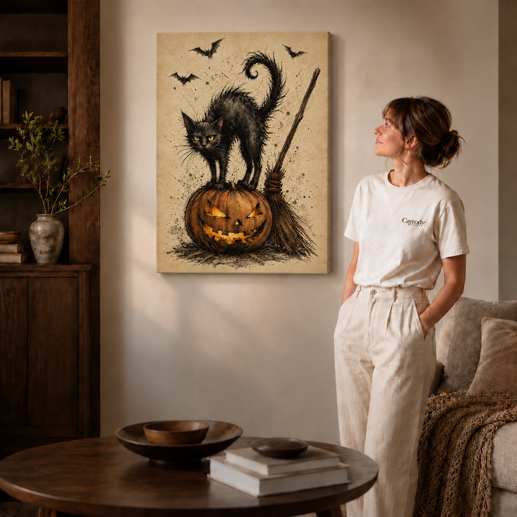Halloween black cat artwork on an unframed canvas beside a woman dressed in white.