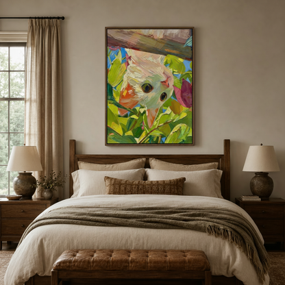 Garden cat canvas hung above a walnut headboard in a cozy layered-linen bedroom