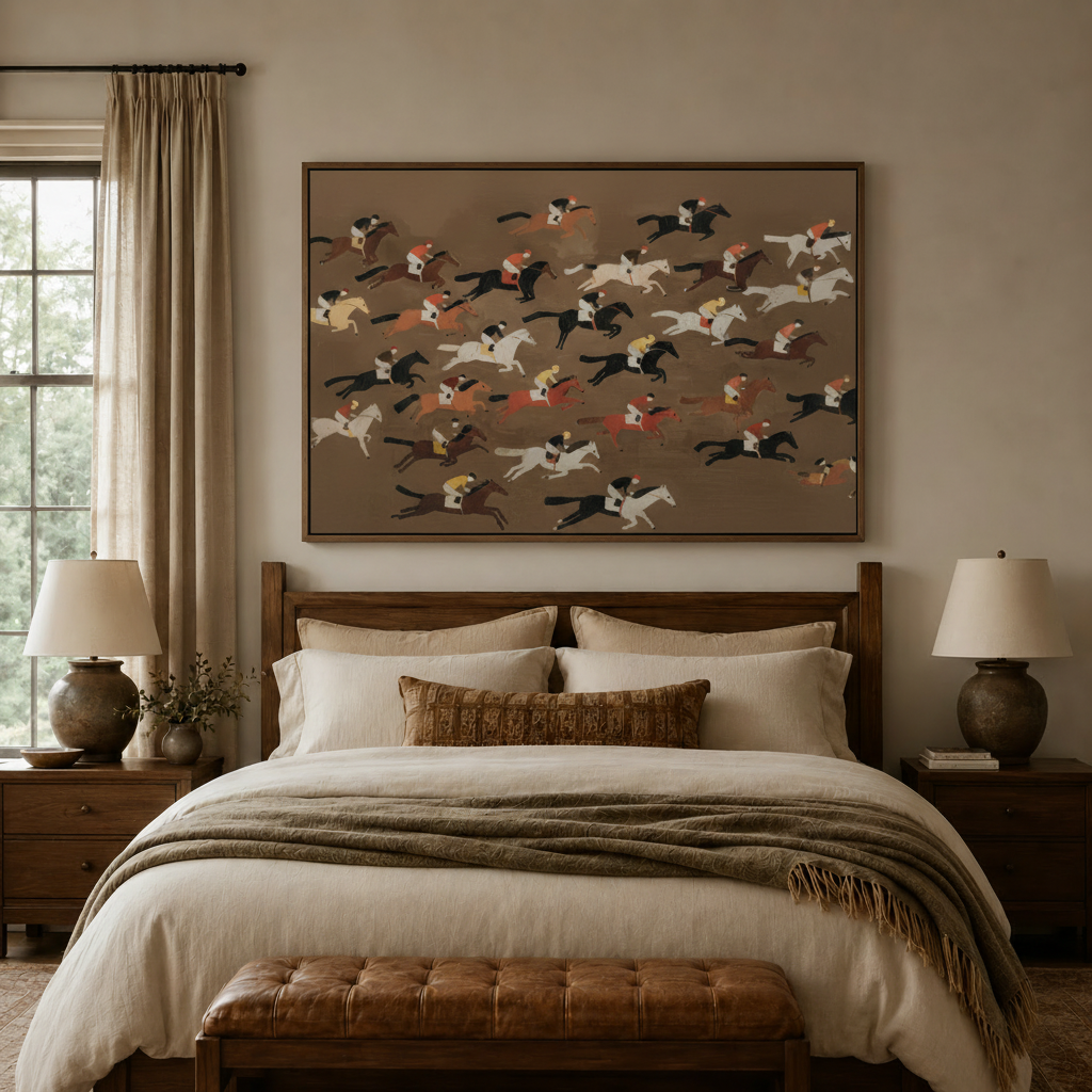 Equestrian folk art canvas wall art above bed in cozy bedroom interior