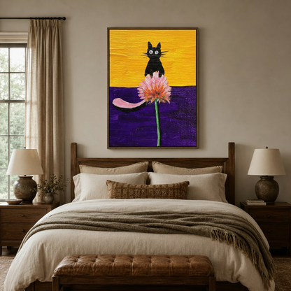 Impasto black cat canvas art above linen bed in cozy neutral bedroom