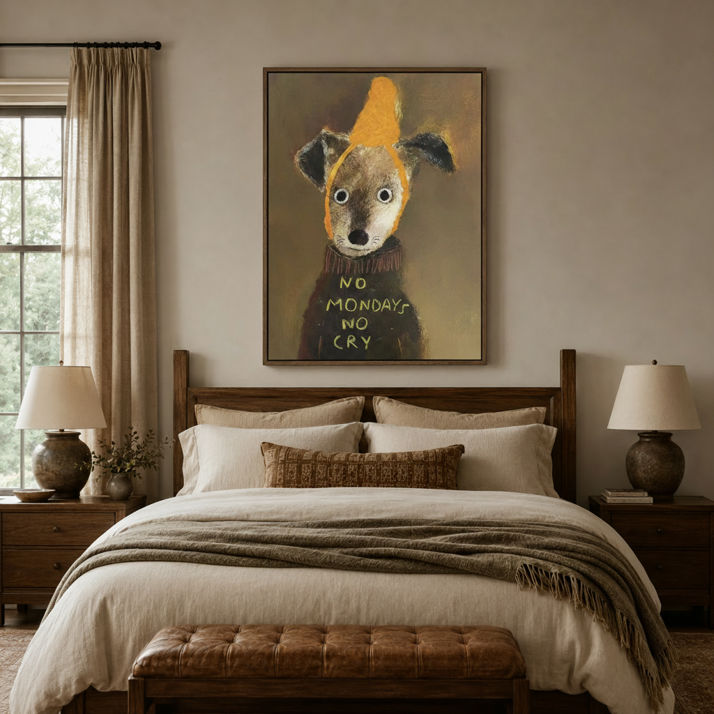  No Mondays No Cry folk art canvas print above bed in cozy bedroom