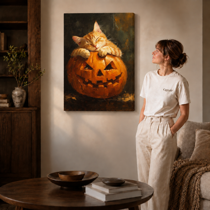 Warm Halloween cat and jack-o’-lantern canvas displayed in a contemporary living room.