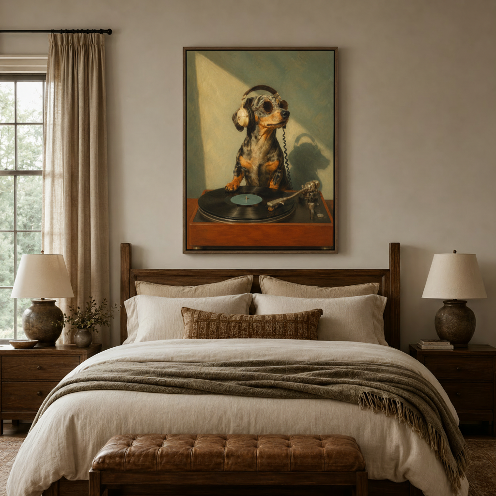 Vintage dog oil painting canvas art centered above bed in mid-century modern bedroom