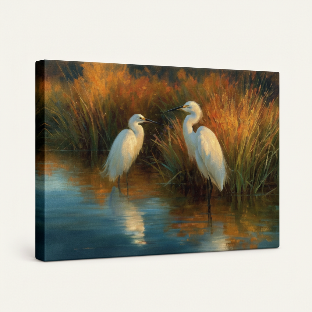 Gallery-wrapped egret autumn wetland canvas, 3/4 angle showing warm amber marsh and teal water tones on wrap edges