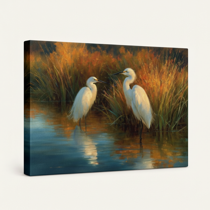 Gallery-wrapped egret autumn wetland canvas, 3/4 angle showing warm amber marsh and teal water tones on wrap edges