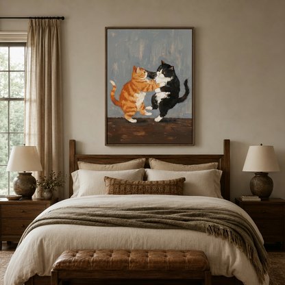 Orange tabby and tuxedo cat fighting canvas hung above a walnut headboard in a cozy bedroom