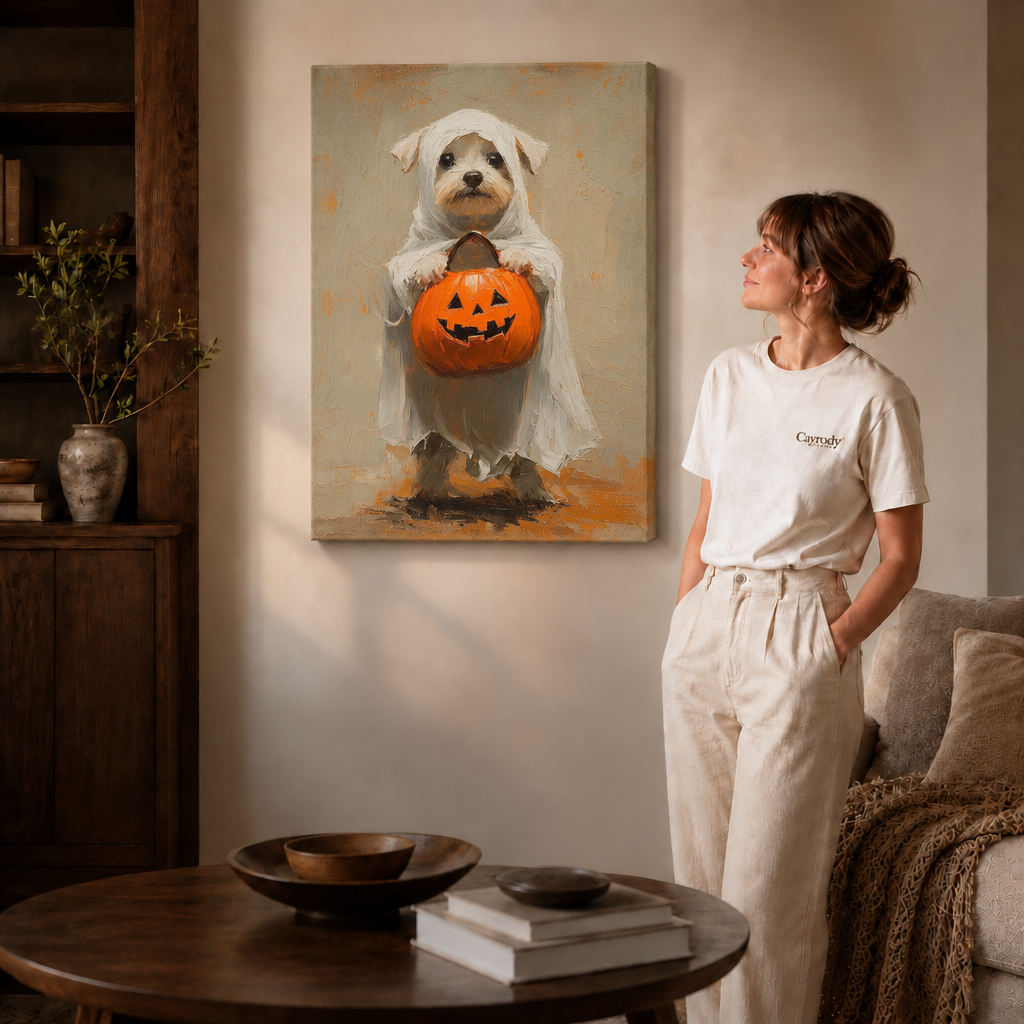 Unframed ghost dog Halloween canvas art displayed beside a woman in a cozy neutral interior.
