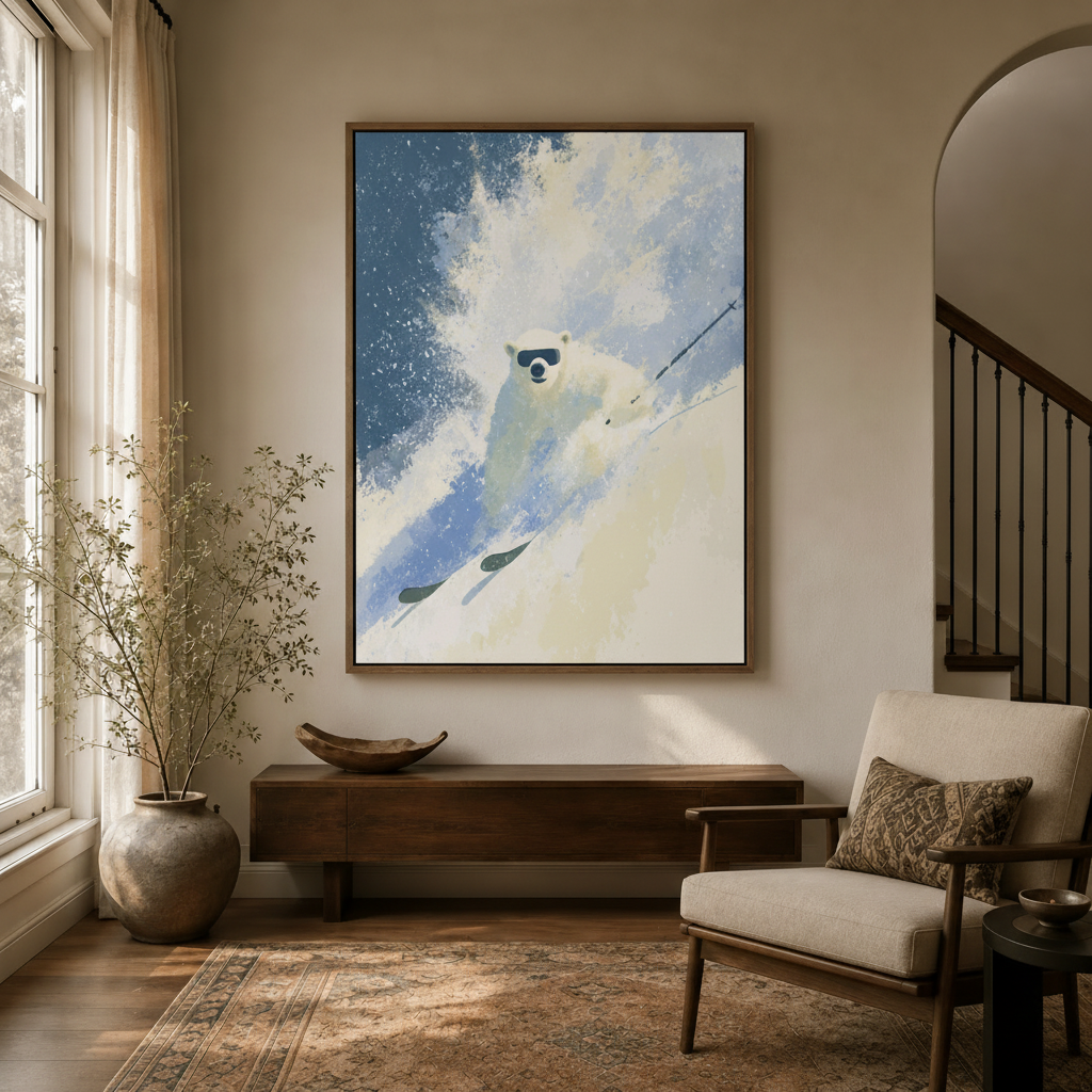 Framed polar bear skiing watercolor canvas print hanging in warm entryway hallway