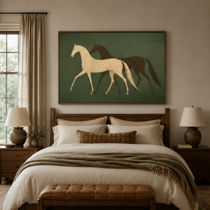 Minimalist equestrian canvas art centered above bed headboard in neutral bedroom setting