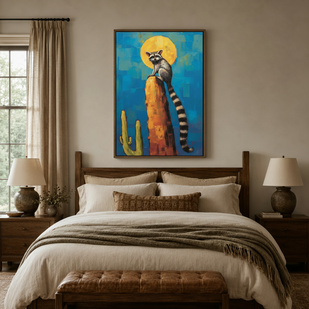 Whimsical raccoon saguaro cactus oil painting canvas above dark walnut bed frame in cozy bedroom