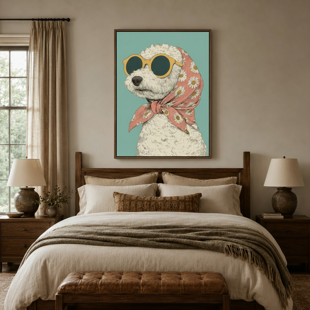 Quirky poodle wall art above bed in a neutral bedroom with warm ambient lighting